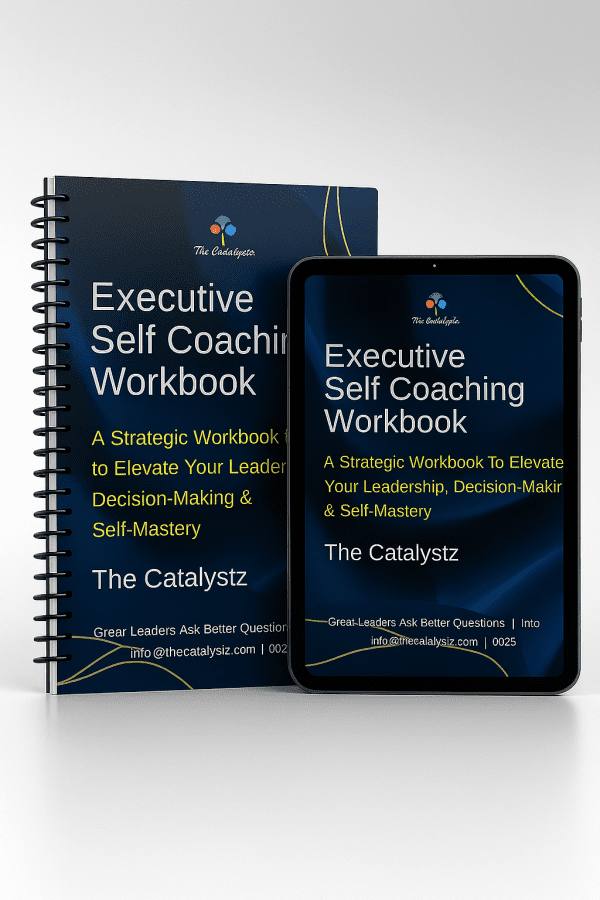 Exec Self Coaching Wkbk mockup Executive Self-Coaching Workbook cover design showing a modern, minimalist leadership journal for professionals and CXOs focused on self-leadership and emotional intelligence.