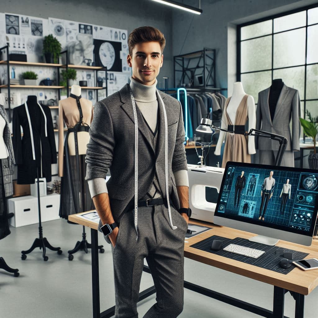 In the image, a garment technologist stands confidently in a modern, well-lit design studio.