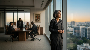 Home 27 Executive Coaching - An Indian senior business leader reflecting on leadership and executive growth in a modern corporate office
